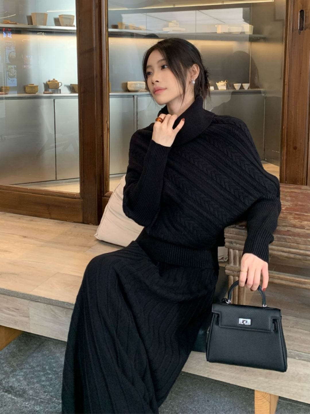 【set】ハイネックニットトップス×ロングスカートセット Q9253