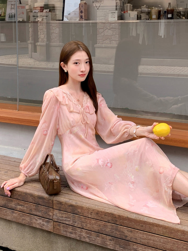 【dress】フラワー柄レースドッキングロングワンピース Q8998