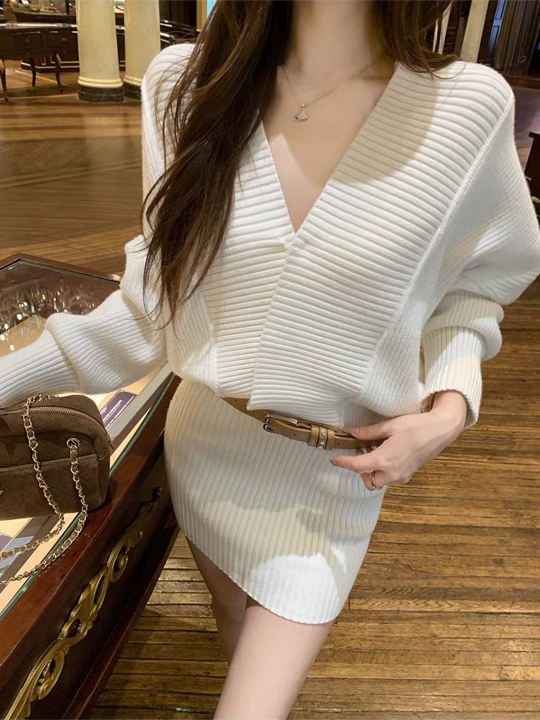 【dress】クロスネックニットワンピース Q9312