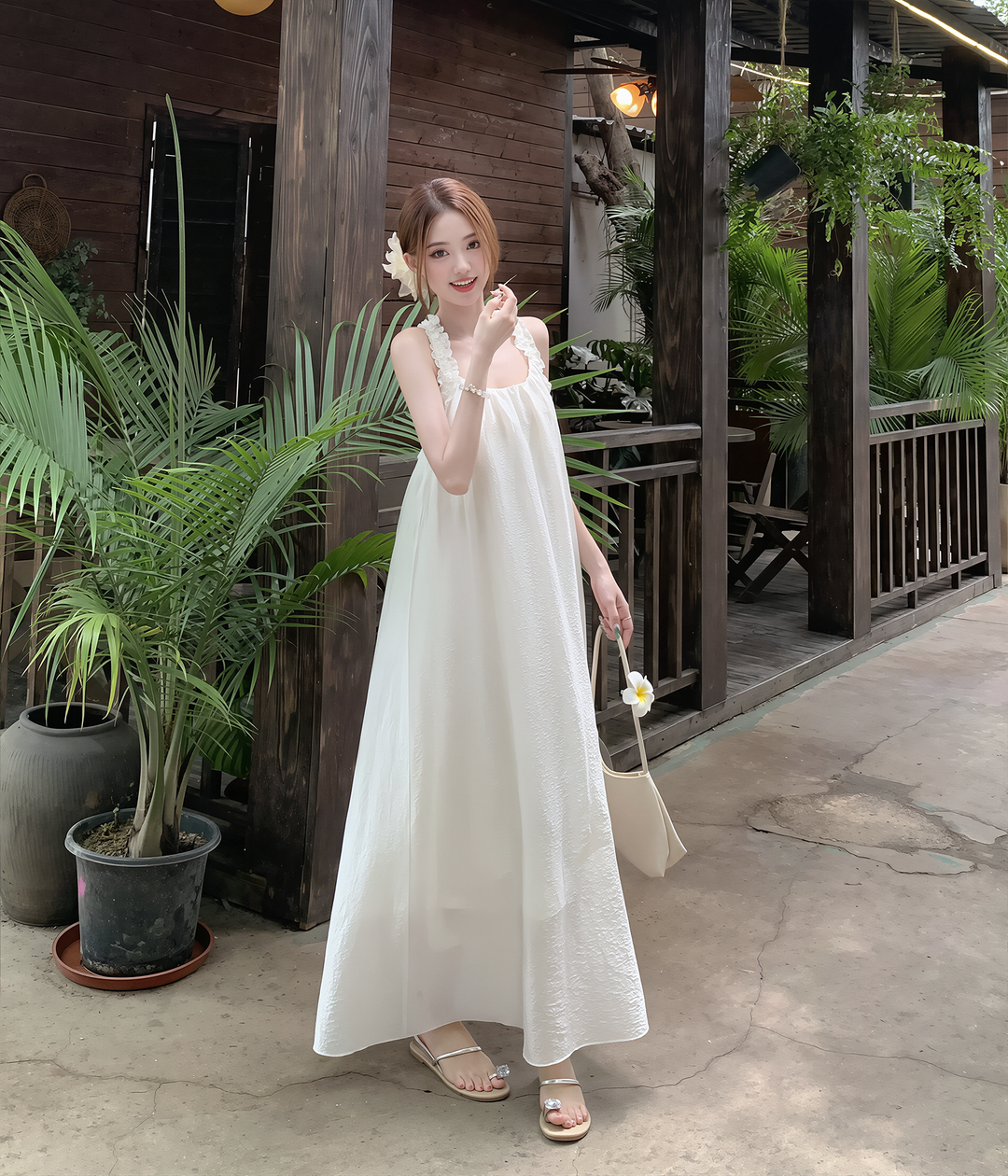 【dress】ノースリーブＴストラップバックロングワンピース Q8593