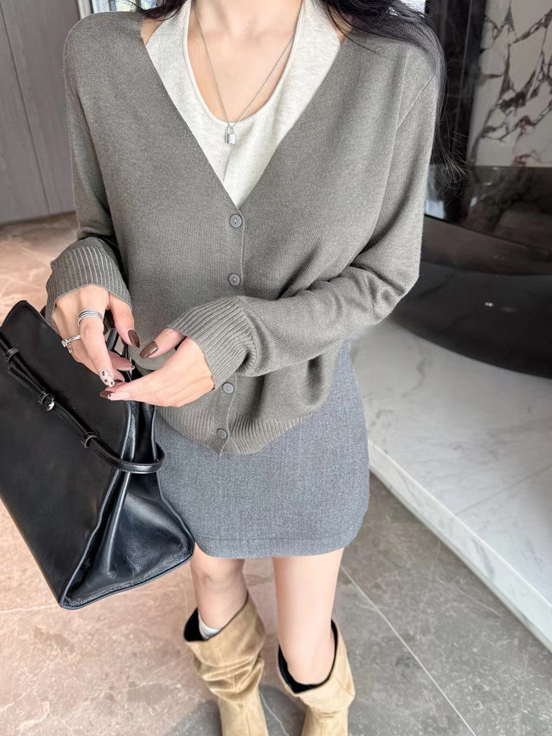【tops】フェイクレイヤードニットトップス Q9185