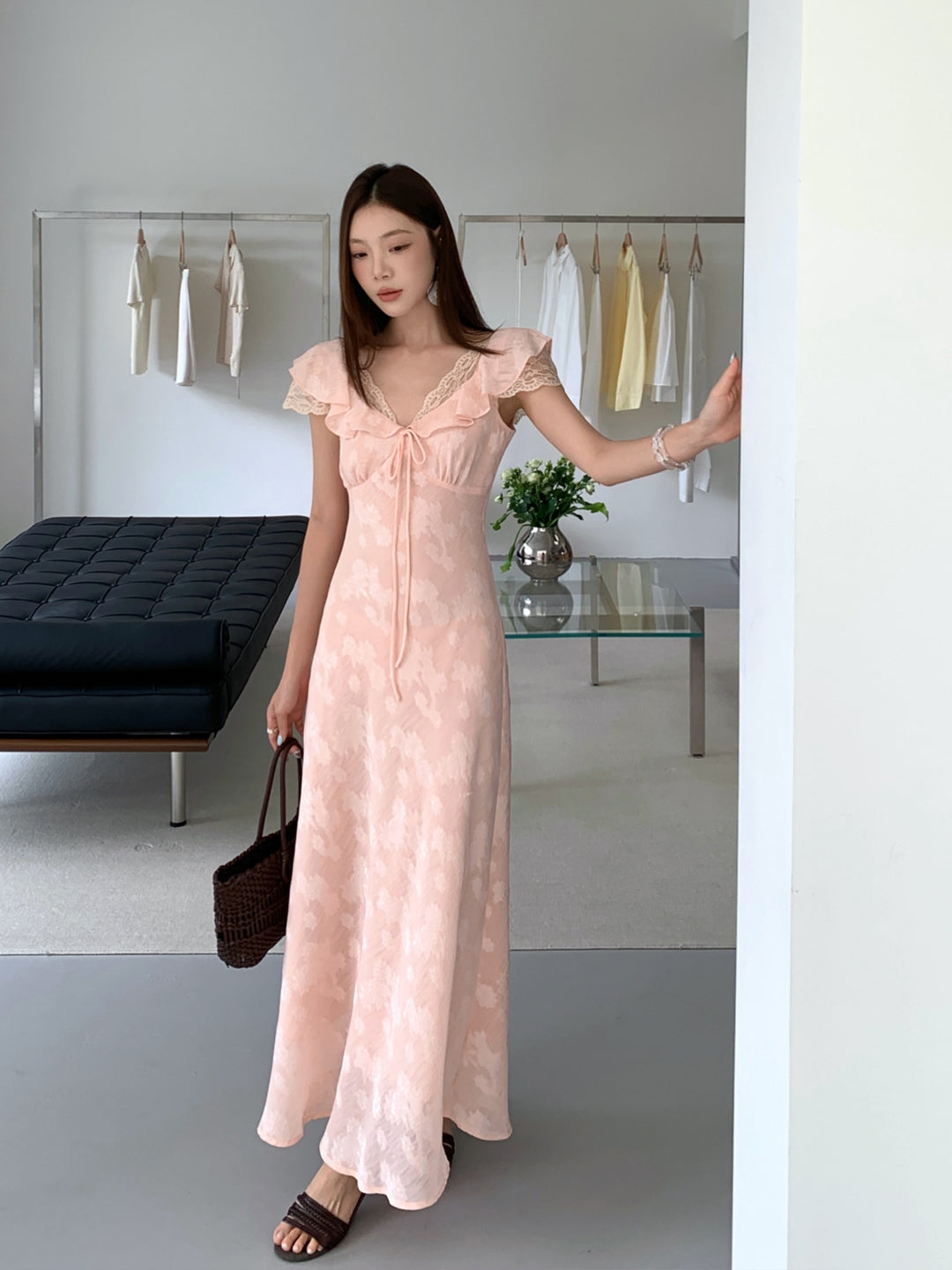 【dress】レースドッキングフラッタースリーブワンピース Q8658