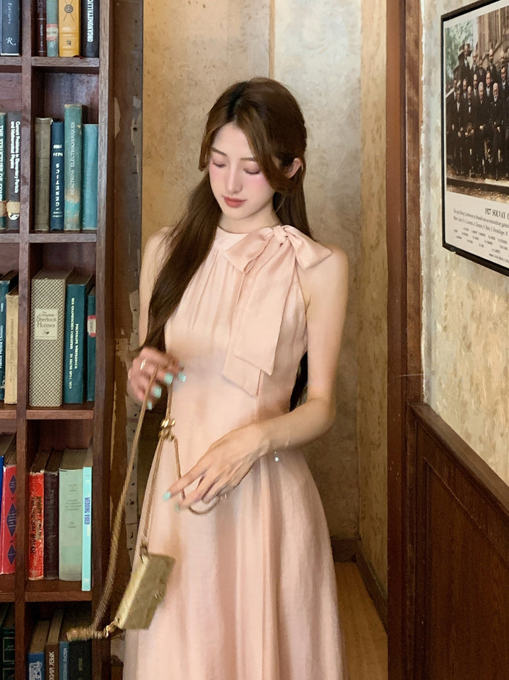 【dress】ノースリーブリボン付きロングワンピース Q8663