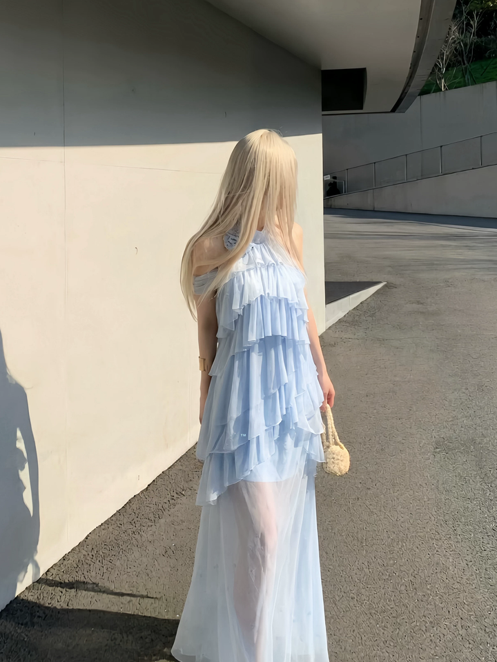 【set】ホルターネックギャザーフリルトップス×シアーチュールロングスカートセット Q8546