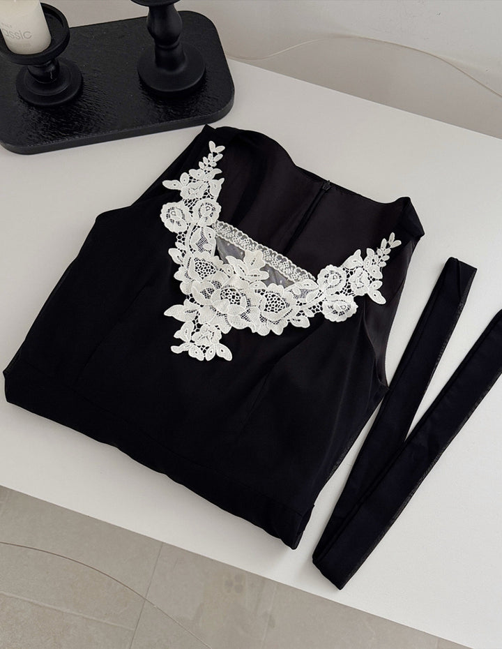 【dress】スカーフ付きレースドッキングロングワンピース Q8691