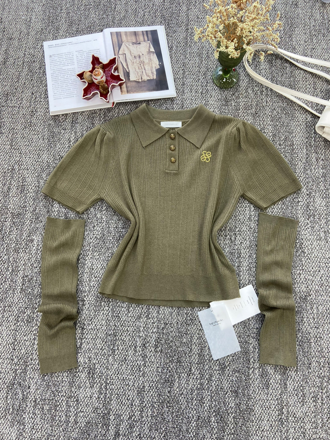 【tops】アームカバー付きニットポロシャツ Q8949