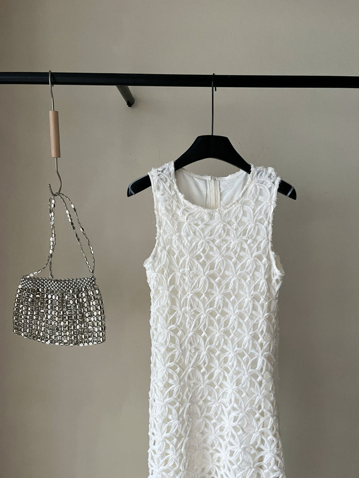 【dress】ノースリーブチュールドッキングロングワンピース Q8674