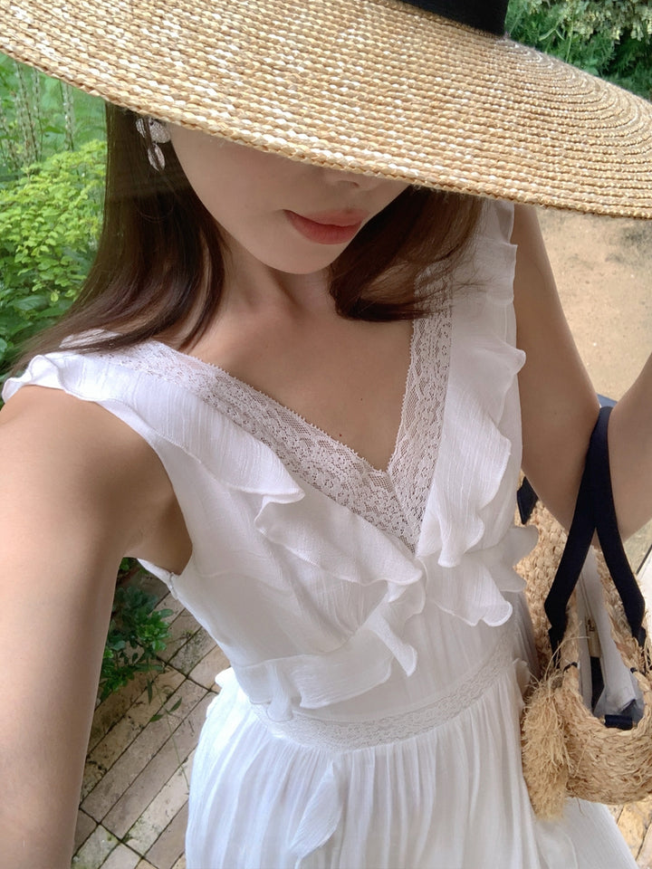 【dress】ノースリーブレースドッキングロングワンピース Q8657
