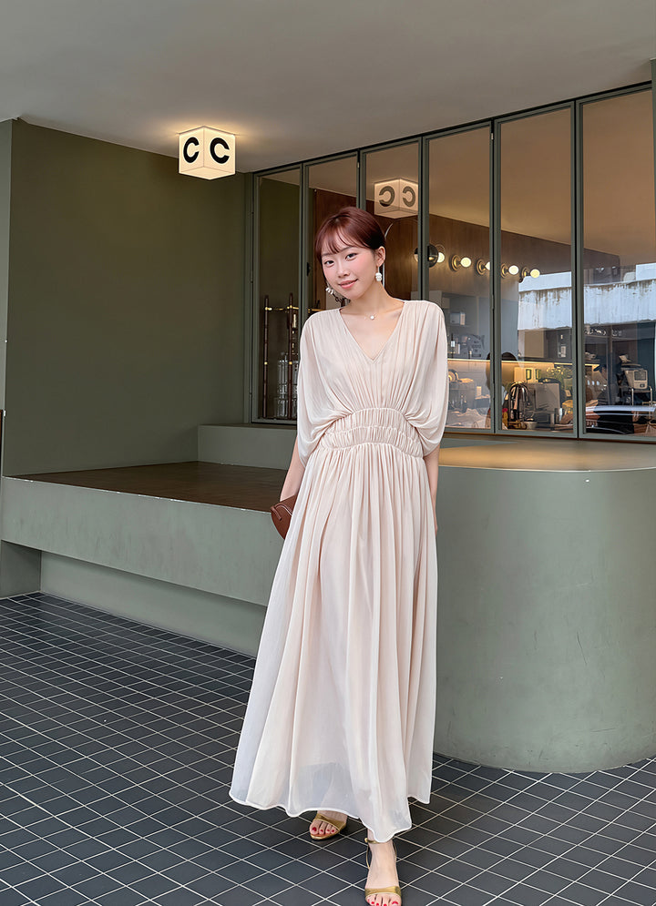 【dress】Vネックギャザーロングワンピース Q8756