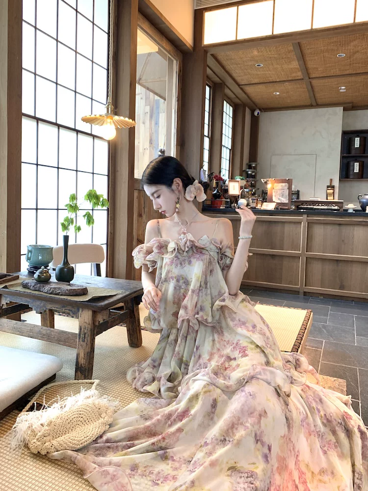 【dress】フラワー柄ギャザーフリルロングキャミワンピース Q8552