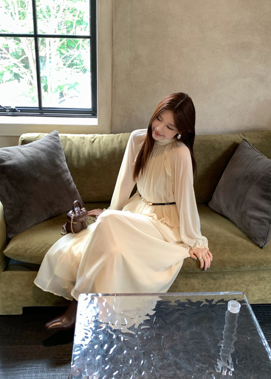 【dress】ベルト付きバックリボンロングワンピース Q8984