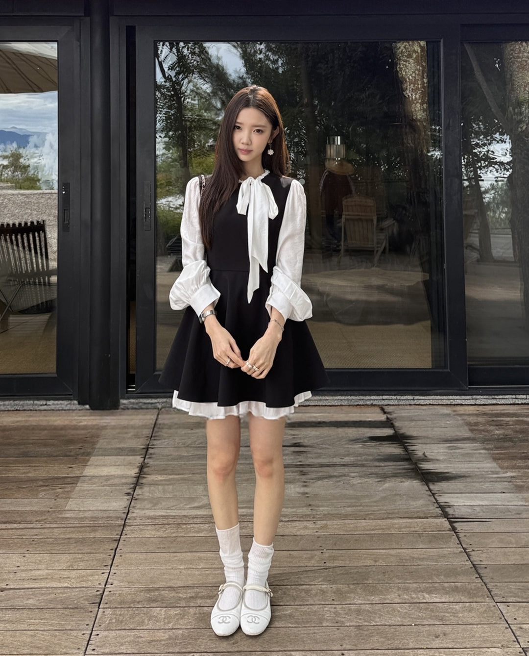 【dress】リボン付きフェイクレイヤードワンピース Q8928