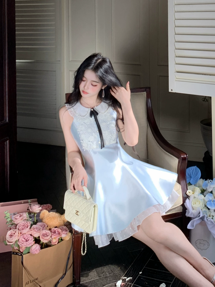 【dress】レースドッキングピーターパンカラーミニワンピース Q8549