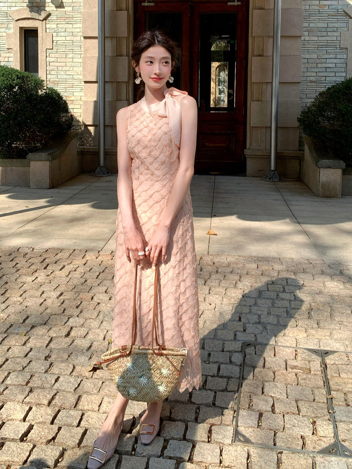【dress】ノースリーブリボン付きロングワンピース Q8679