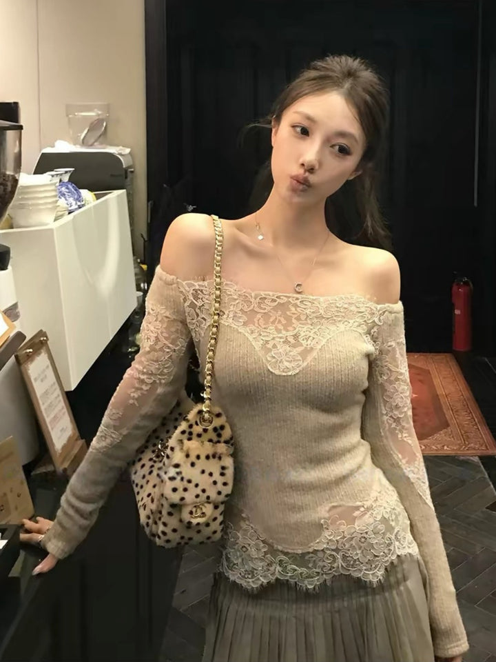 【tops】レースドッキングオフショルダーニットトップス Q9320