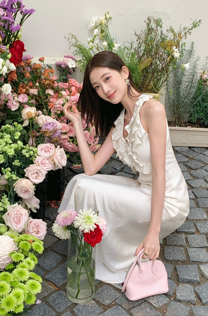 【dress】ノースリーブVネックギャザーフリルワンピース Q8678