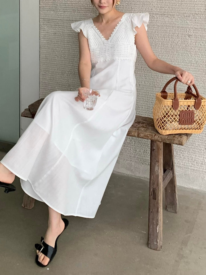 【dress】レースドッキングフラッタースリーブワンピース Q8672