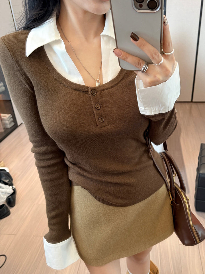 【tops】フェイクレイヤードニットトップス Q9191