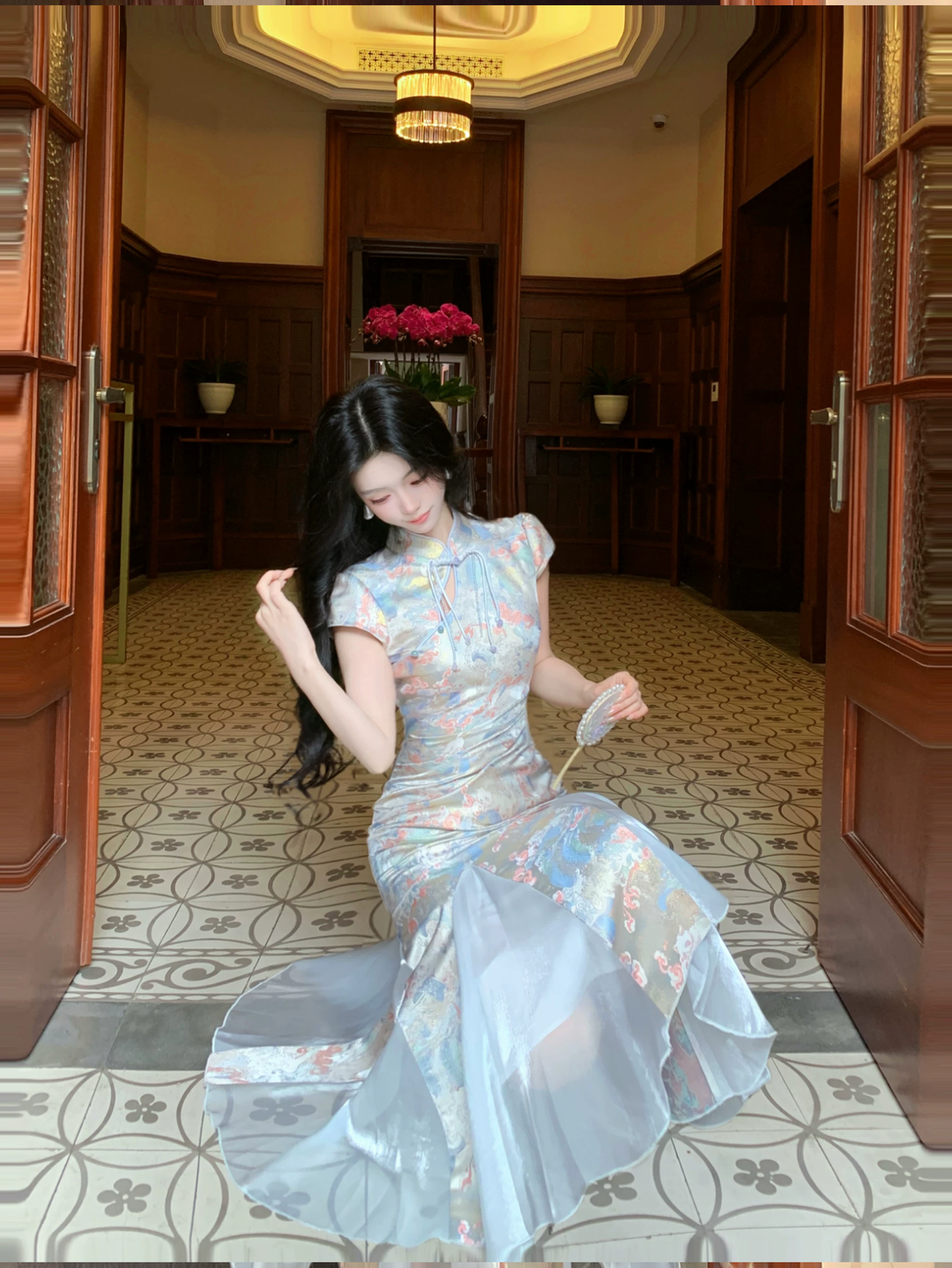 【dress】半袖サテンドッキングロングワンピース Q8542