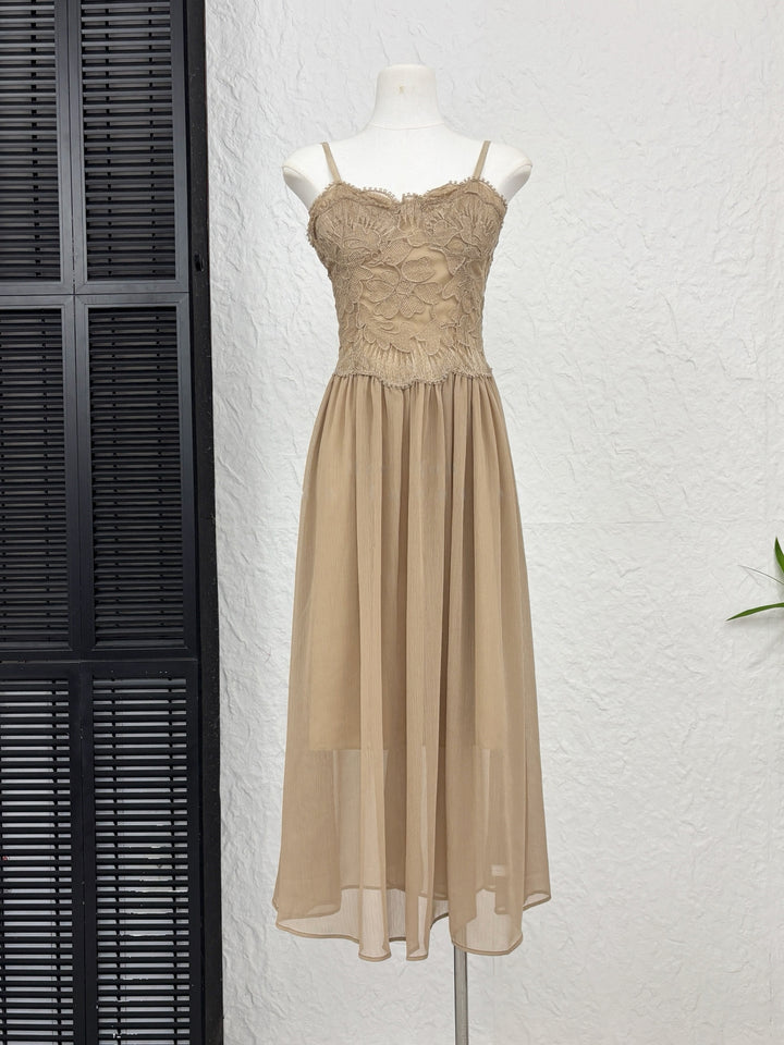 【set】レースドッキングロングキャミワンピース×ニットカーディガンセット Q9295