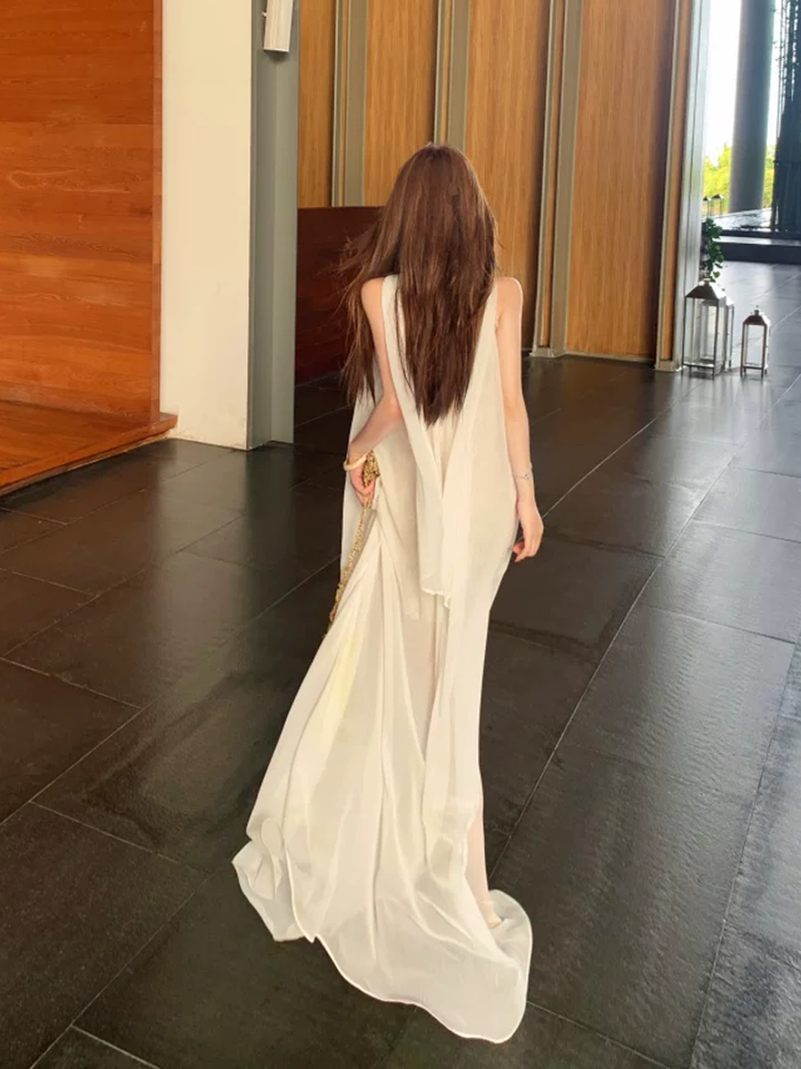 【dress】レースドッキングシアーチュールロングワンピース Q8585