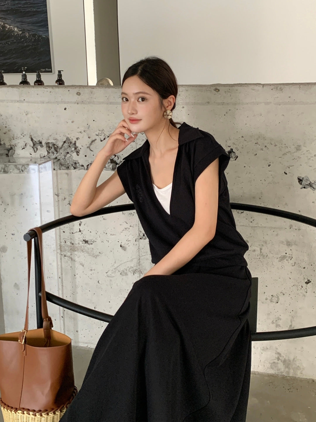 【set】フェイクレイヤードトップス×ロングスカートセット Q8660