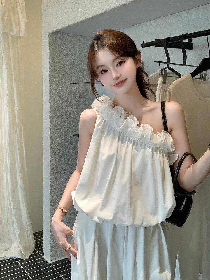 【set】立体感フラワーワンショルダートップス×ワイドパンツセット Q8656