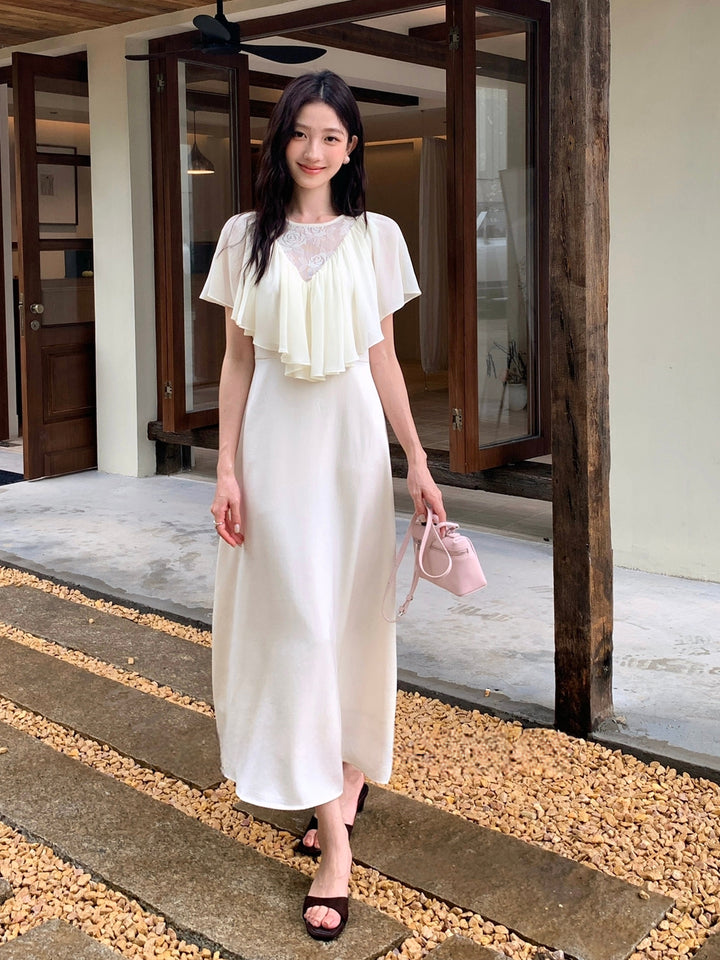 【dress】レースドッキングハンカチーフスリーブロングワンピース Q8675