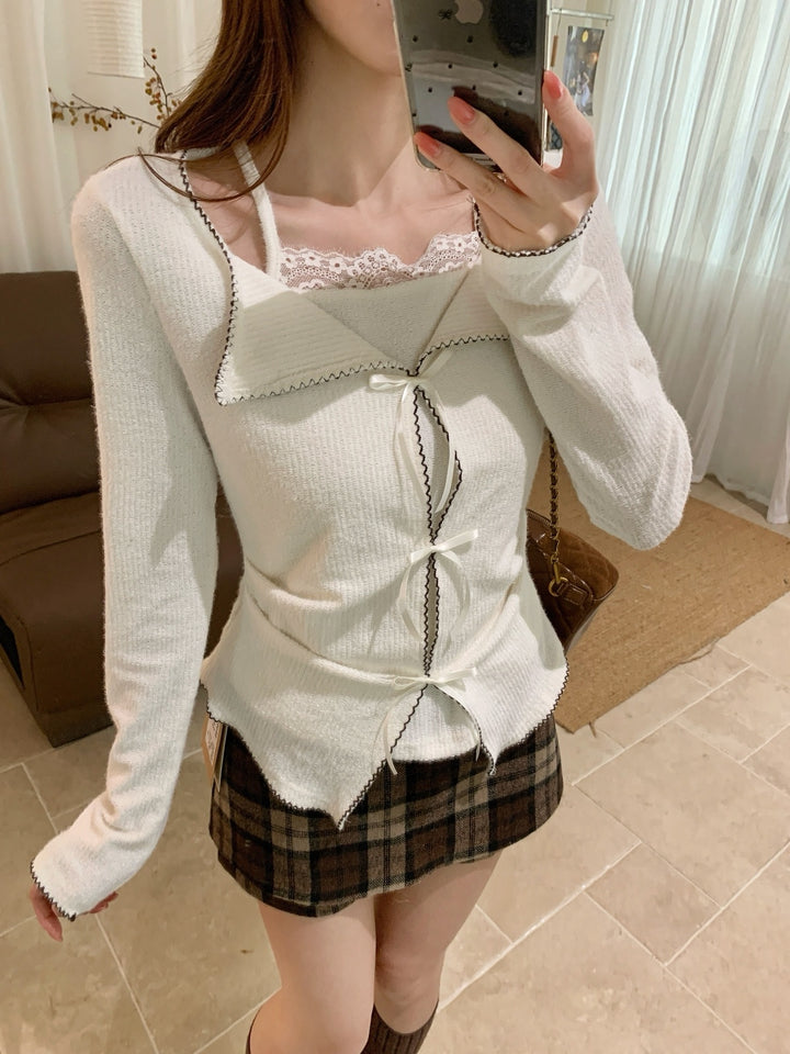【tops】リボン付きフェイクレイヤードトップス Q9292