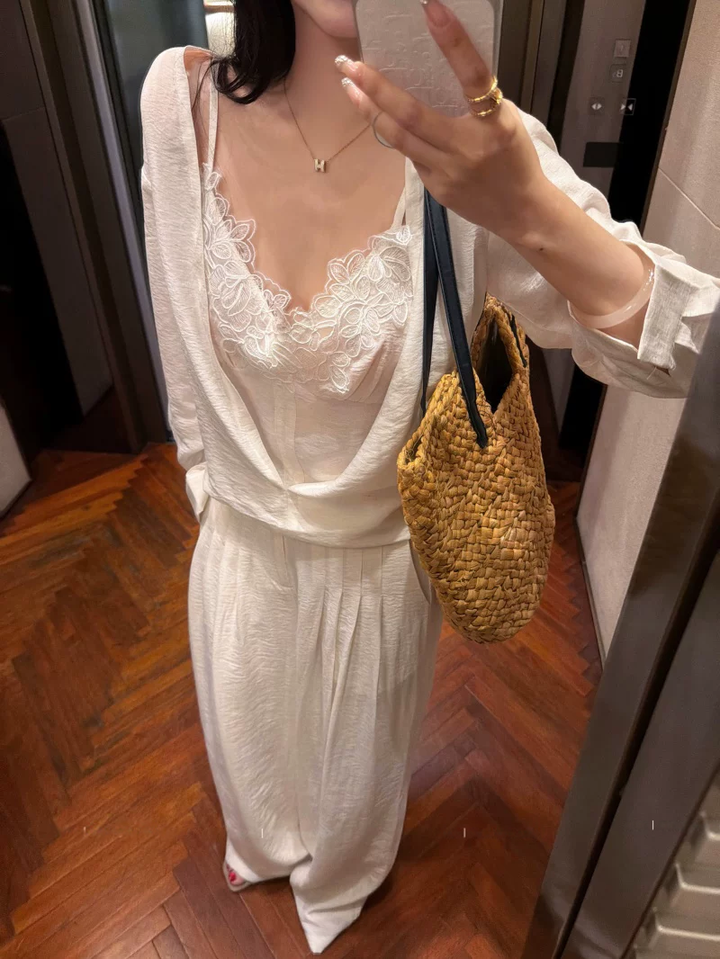 【set】フェイクレイヤードトップス×ワイドパンツセット Q8561