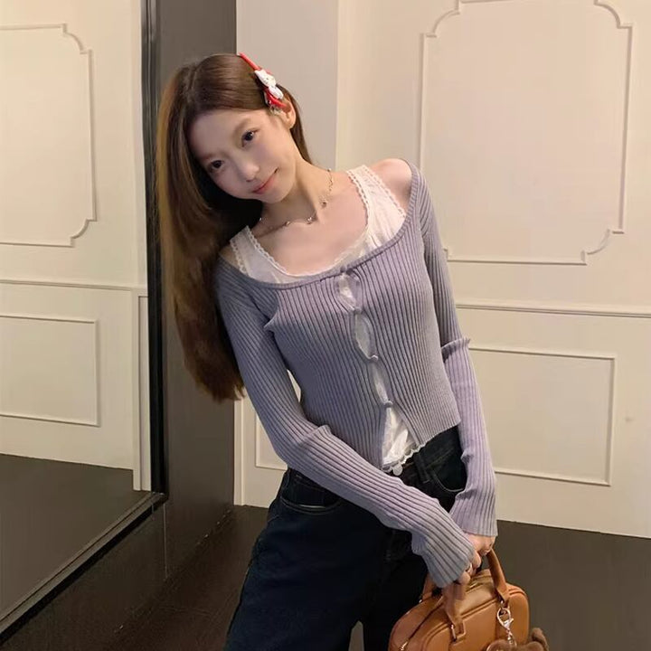 【tops】フェイクレイヤードニットトップス Q8152