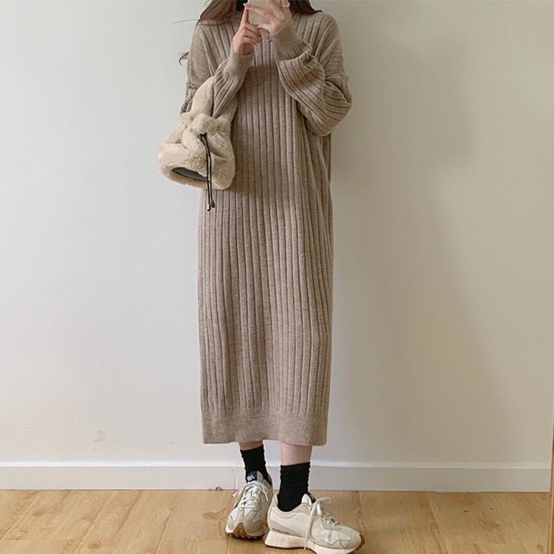 【dress】韓国系シンプルフード付きニットワンピース　M17494