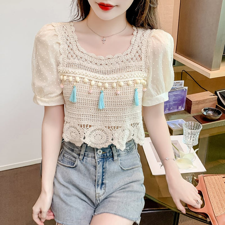 【tops】柔らかくて優しい印象カットワークニットトップス　M17061