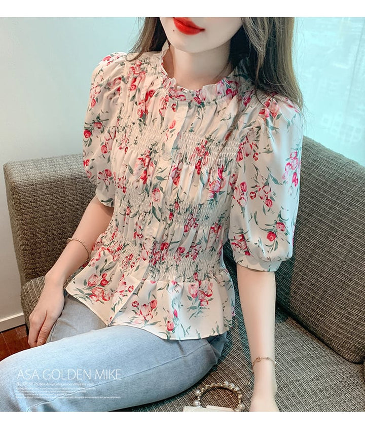 【tops】美人度アップスウィートパフスリーブ花柄トップス　M17339