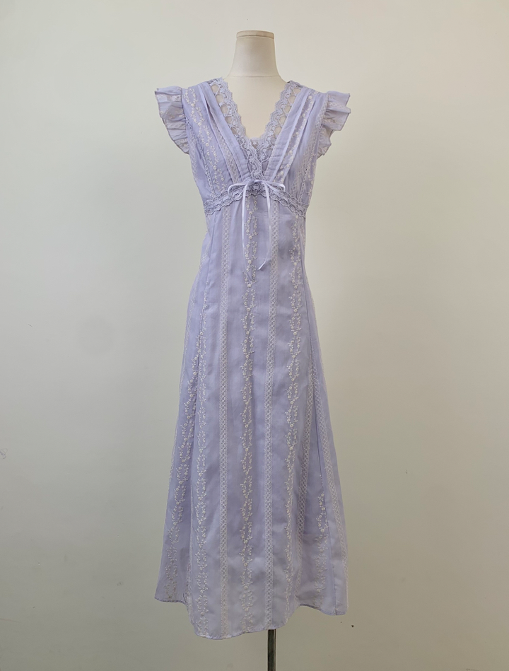【dress】レースドッキングフラッタースリーブロングワンピース Q8531