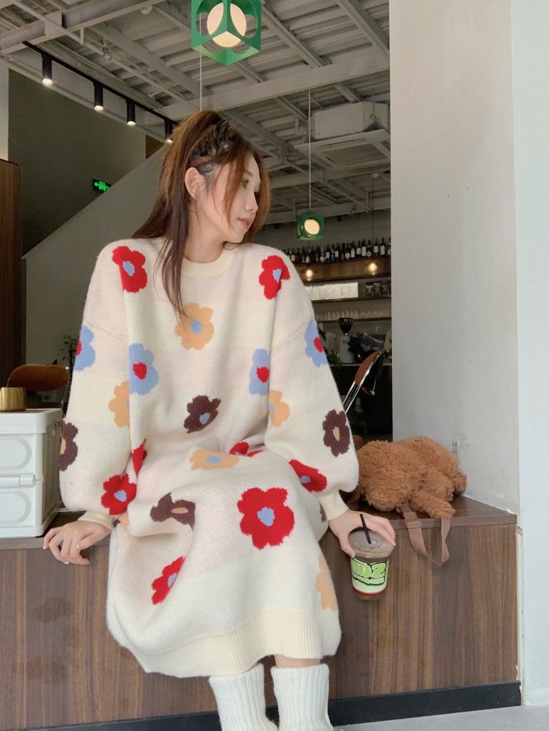 【dress】プリントニットワンピース　M26902