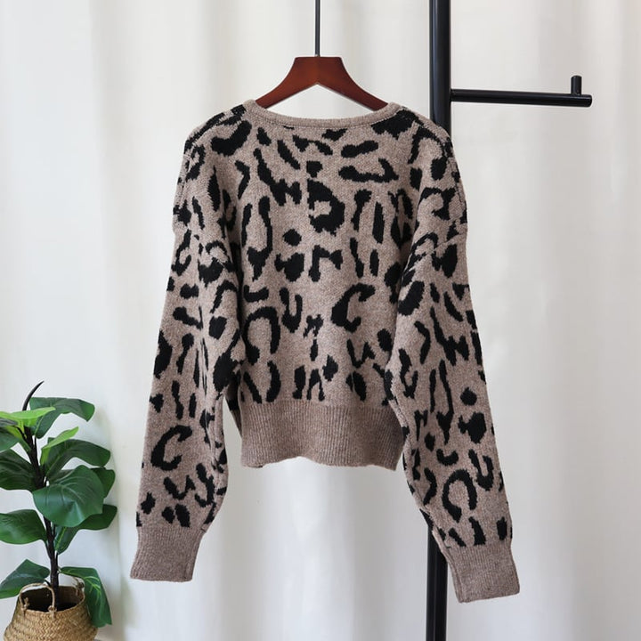 【tops】レースアップヒョウ柄ニットトップス　M26617