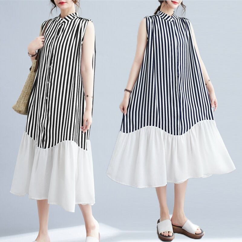 【dress】韓国系ストライプ柄ノースリーブワンピース　M16946