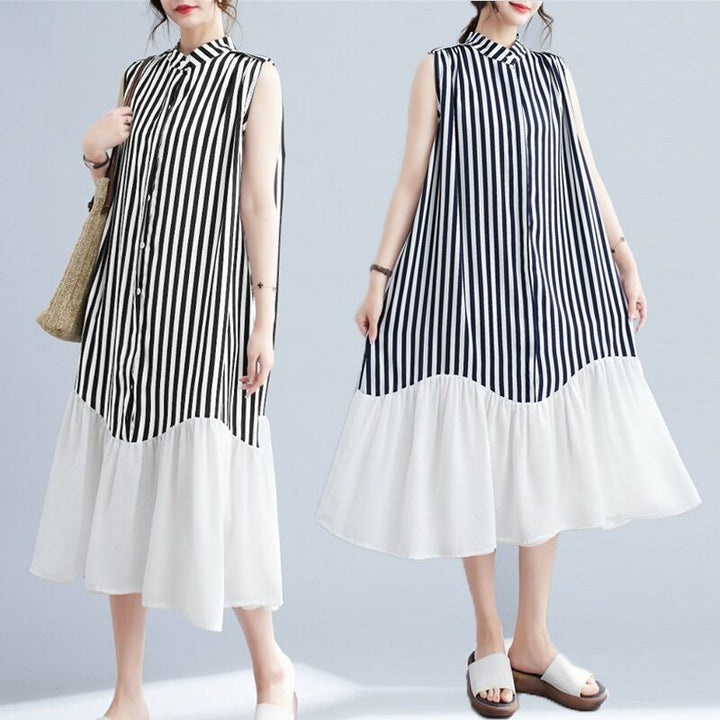 【dress】韓国系ストライプ柄ノースリーブワンピース　M16946