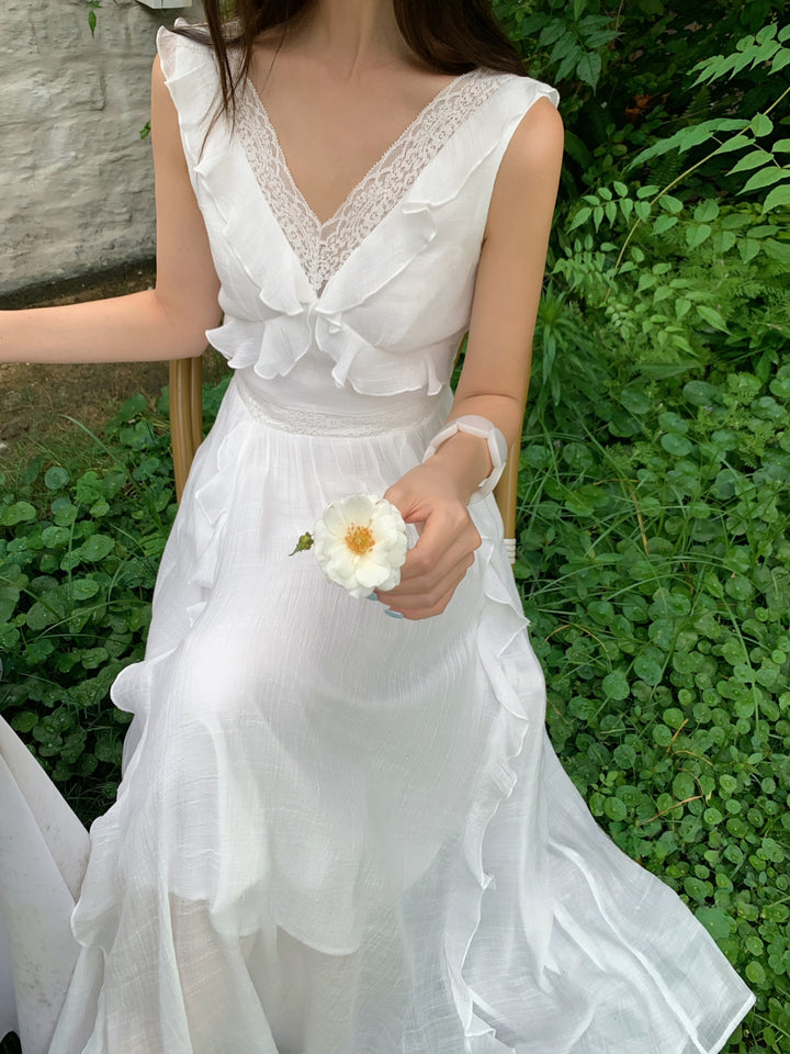 【dress】ノースリーブレースドッキングロングワンピース Q8657