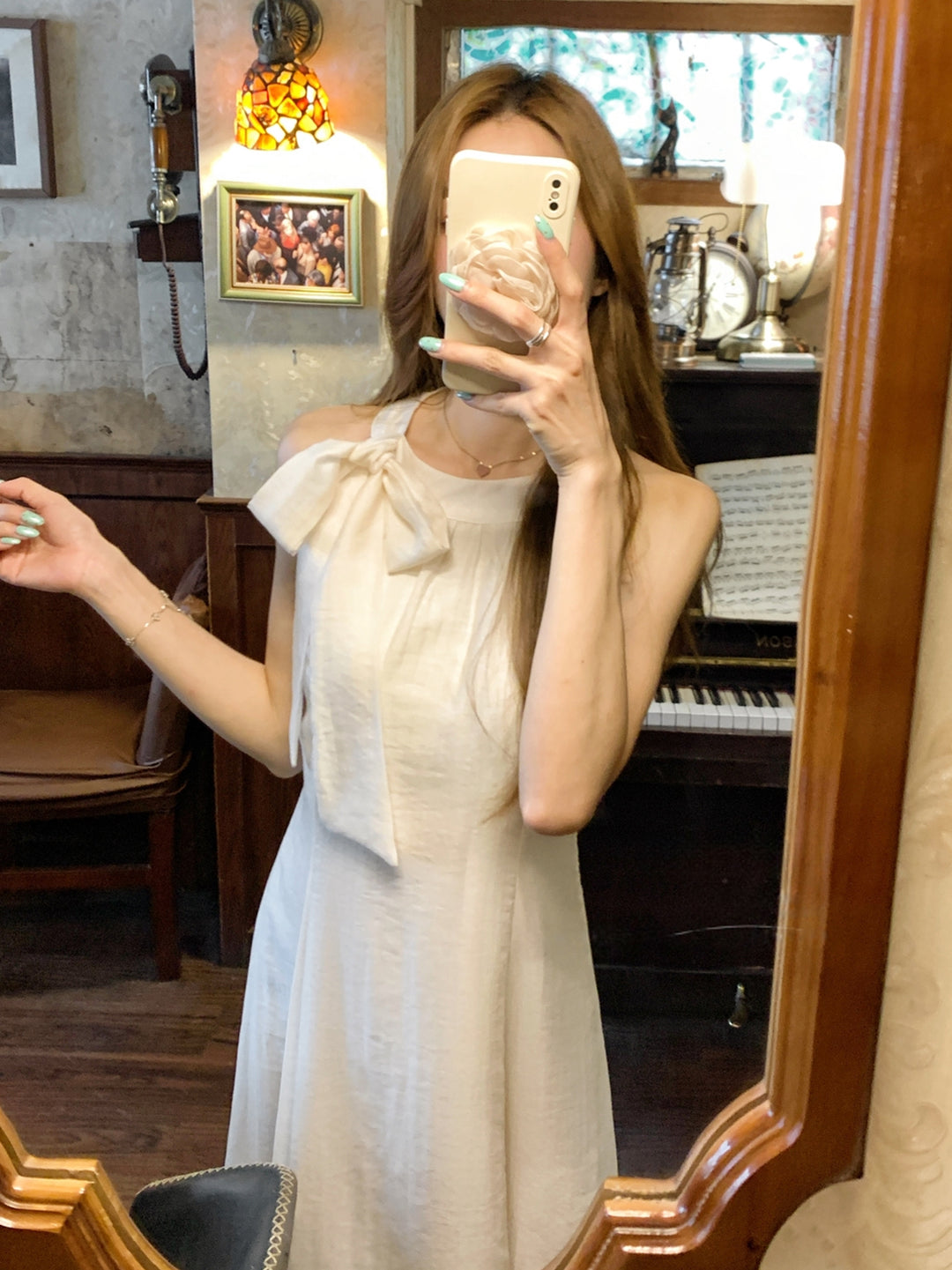 【dress】ノースリーブリボン付きロングワンピース Q8663