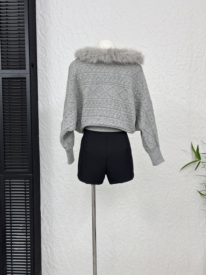 【set】ファー付きニットトップス×ショートパンツセット Q9246