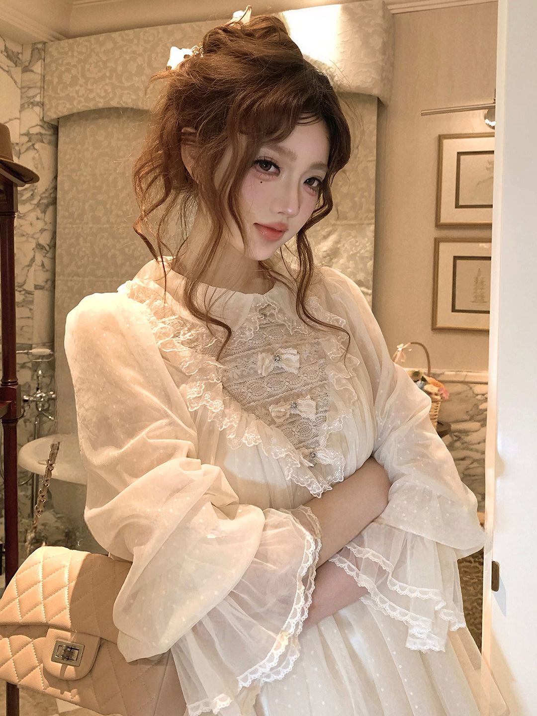 【dress】ギャザーフリルレースドッキングミニワンピース Q9229