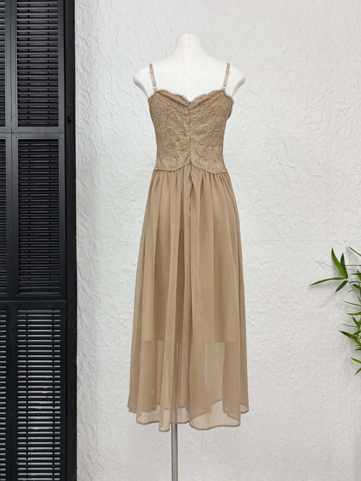 【set】レースドッキングロングキャミワンピース×ニットカーディガンセット Q9295