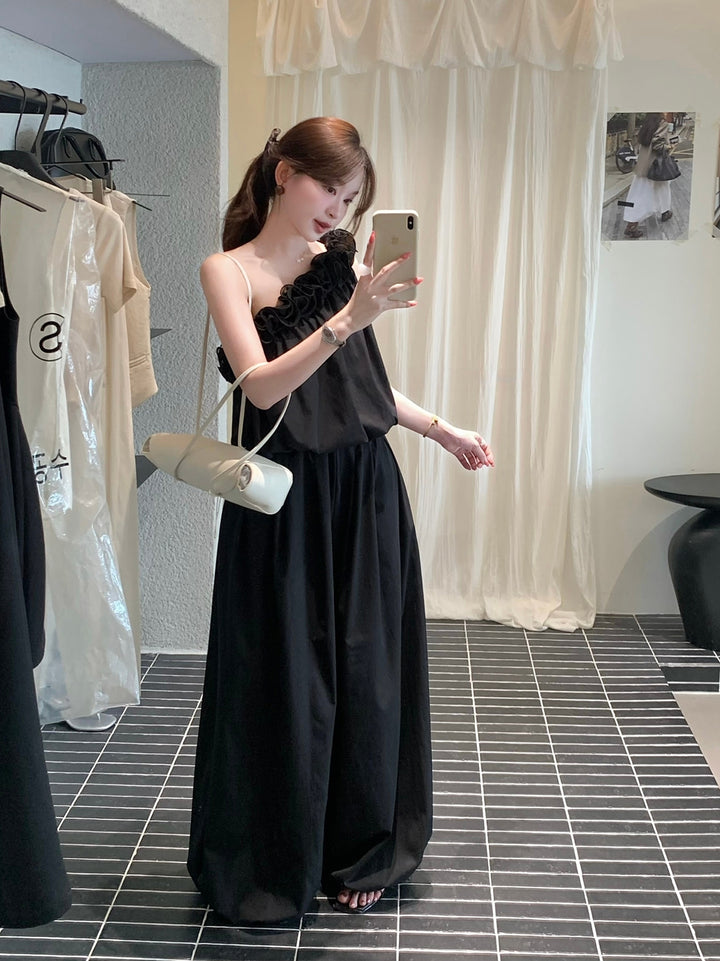 【set】立体感フラワーワンショルダートップス×ワイドパンツセット Q8656