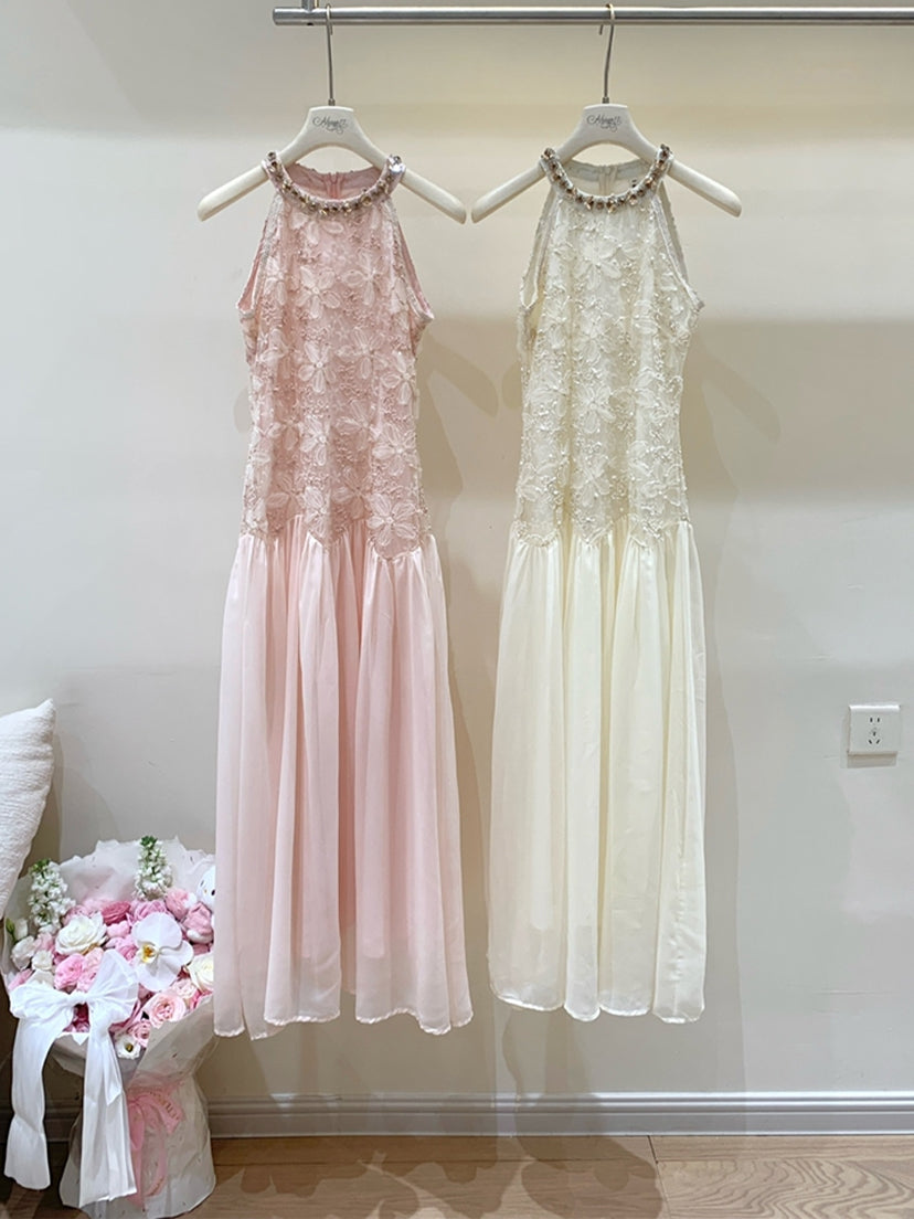 【dress】ノースリーブレースドッキングロングワンピース Q8685