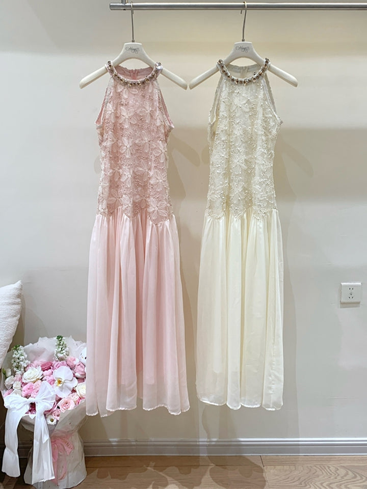 【dress】ノースリーブレースドッキングロングワンピース Q8685