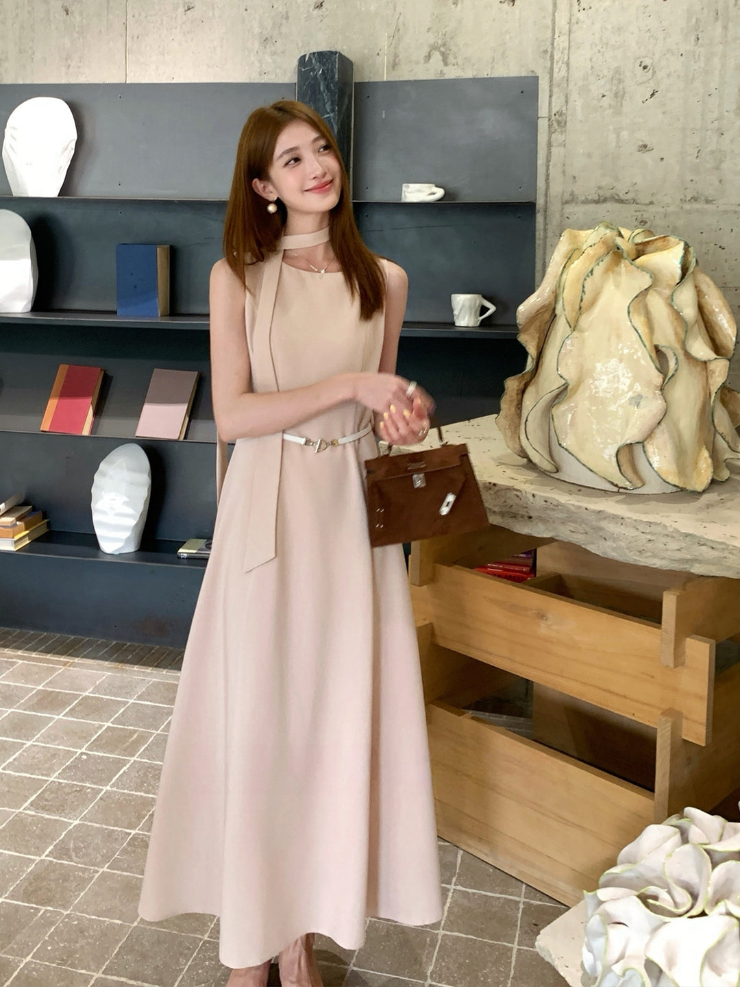 【dress】ベルト付きノースリーブロングワンピース Q8981
