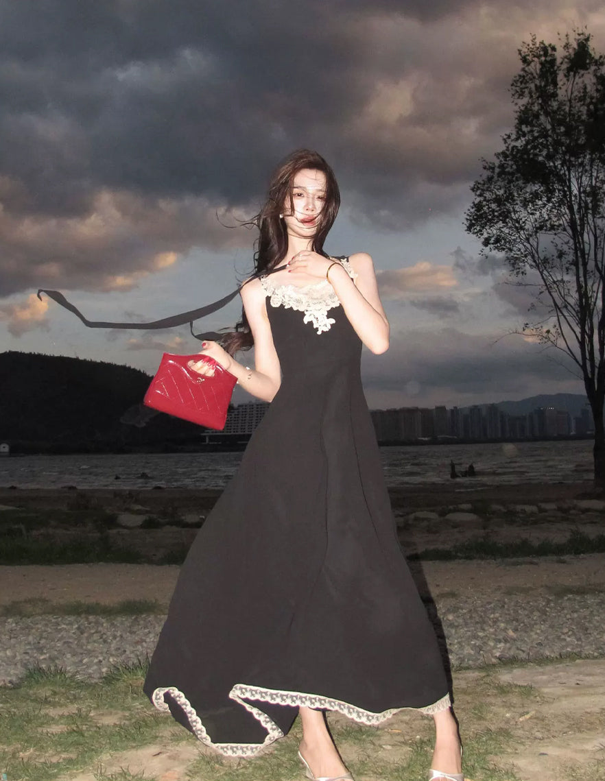 【dress】スカーフ付きレースドッキングロングワンピース Q8691