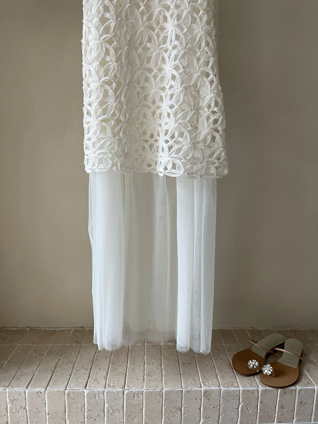 【dress】ノースリーブチュールドッキングロングワンピース Q8674